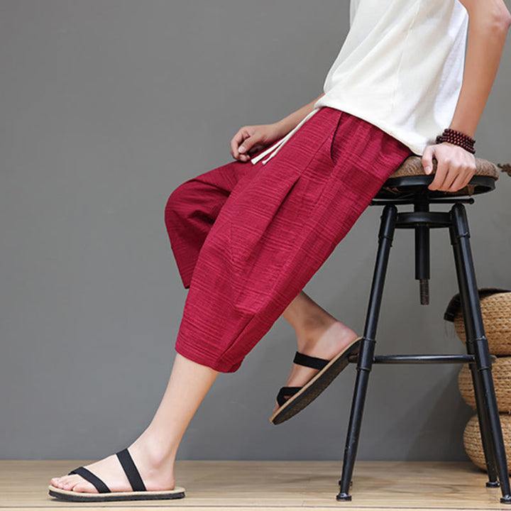 Buddha Stonesヴィンテージ ジャカード 無地 ドローストリング クロップド丈 コットンリネン メンズ ハーレムパンツ ポケット付き - image 30