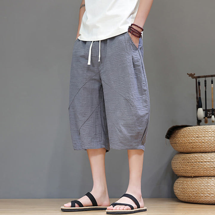 Buddha Stonesヴィンテージ ジャカード 無地 ドローストリング クロップド丈 コットンリネン メンズ ハーレムパンツ ポケット付き - image 6