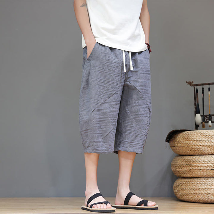 Buddha Stonesヴィンテージ ジャカード 無地 ドローストリング クロップド丈 コットンリネン メンズ ハーレムパンツ ポケット付き - image 8