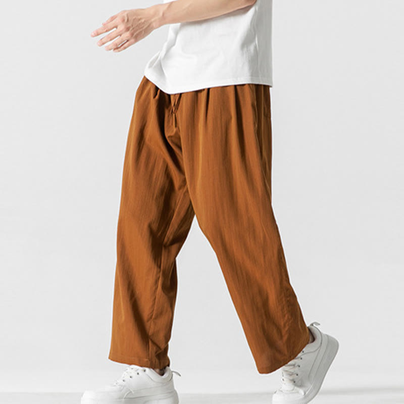 Buddha Stones夏 カジュアル 無地 ストレートレッグデザイン メンズ コットンリネン ドローストリングパンツ ポケット付き - image 30