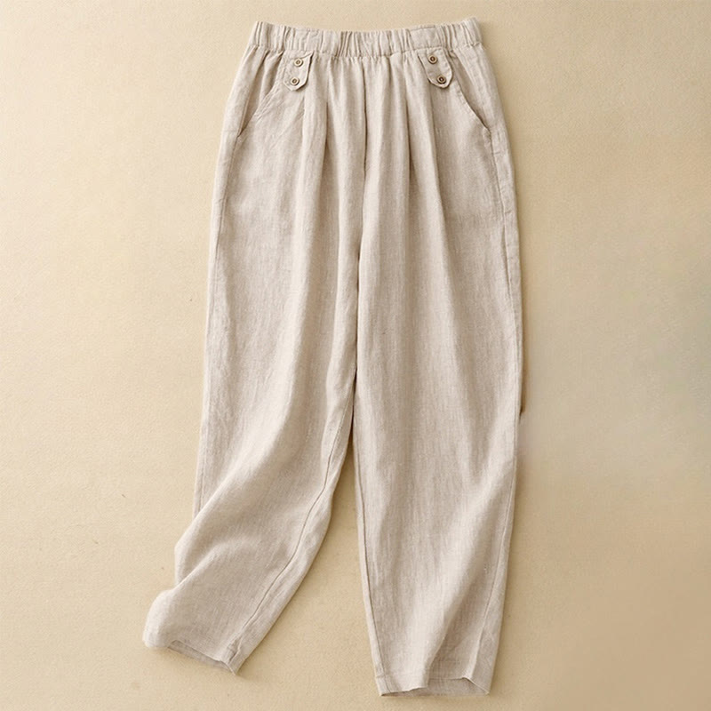 Buddha Stones夏 無地 カジュアル 7-8丈 ボタン レディース コットンリネン ハーレムパンツ ポケット付き - ベージュ - US8-10，UK/AU12-14，EU40-42 (2XL) - image 10