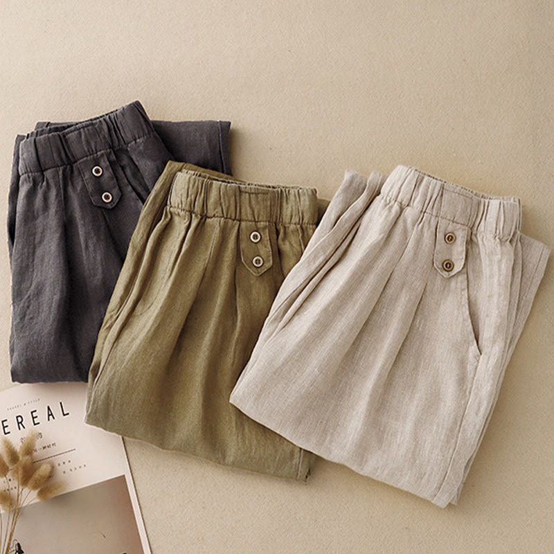 Buddha Stones夏 無地 カジュアル 7-8丈 ボタン レディース コットンリネン ハーレムパンツ ポケット付き - image 21