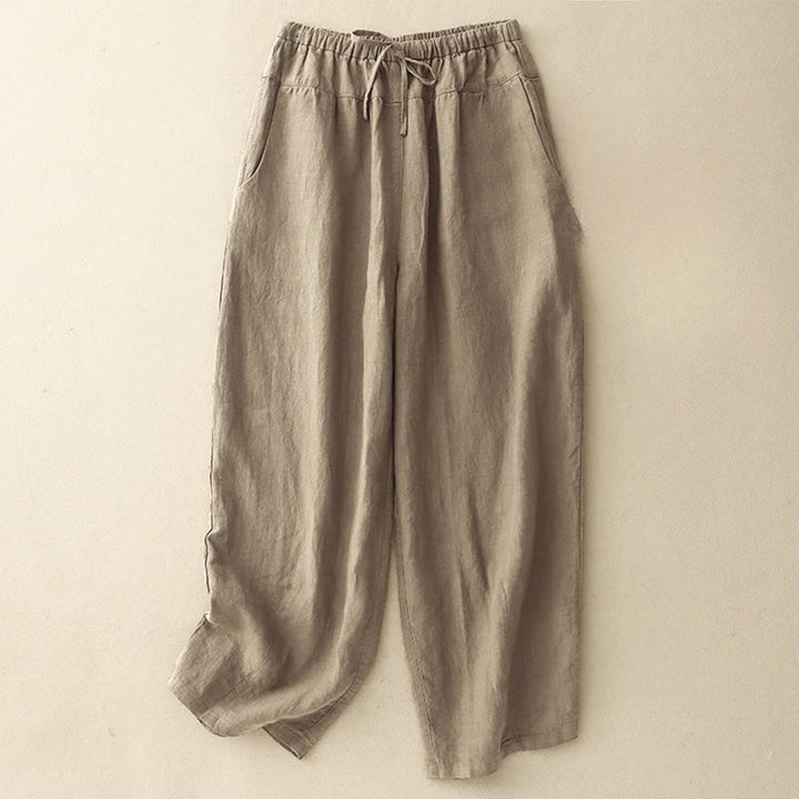 Buddha Stones夏 無地 カジュアル 7-8丈 レースアップ レディース コットンリネン ハーレムパンツ ポケット付き - タン - US8-10，UK/AU12-14，EU40-42 (2XL) - image 0