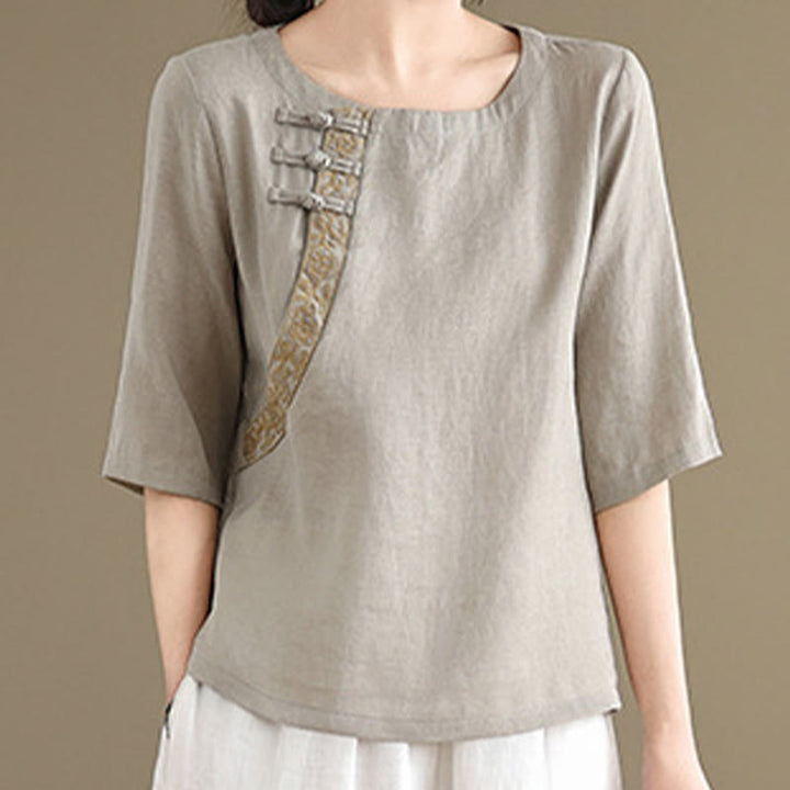 Buddha Stonesカジュアル レディース 刺繍花柄 フロッグボタン クルーネックデザイン 半袖 コットンリネンシャツ - image 3