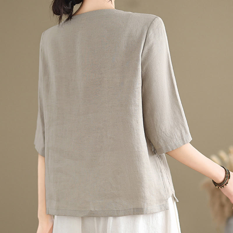 Buddha Stonesカジュアル レディース 刺繍花柄 フロッグボタン クルーネックデザイン 半袖 コットンリネンシャツ - image 2