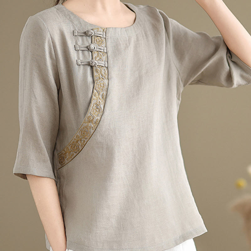 Buddha Stonesカジュアル レディース 刺繍花柄 フロッグボタン クルーネックデザイン 半袖 コットンリネンシャツ - image 4