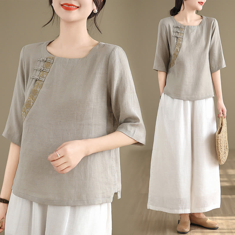 Buddha Stonesカジュアル レディース 刺繍花柄 フロッグボタン クルーネックデザイン 半袖 コットンリネンシャツ - image 6