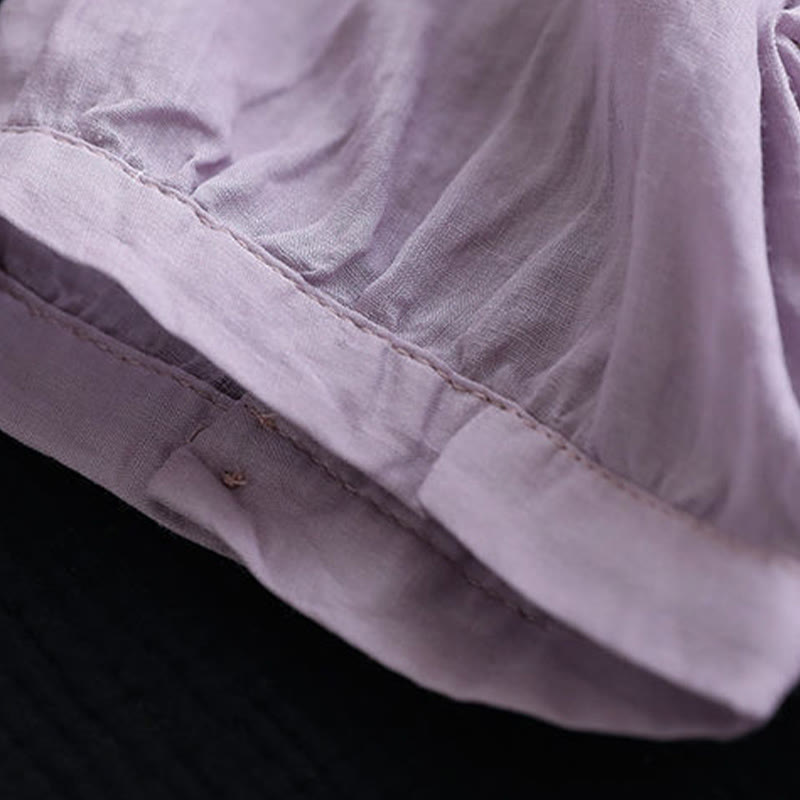 Buddha Stones夏 カジュアル 刺繍柄 レディース Vネックデザイン 半袖 コットンリネン Tシャツ - image 1