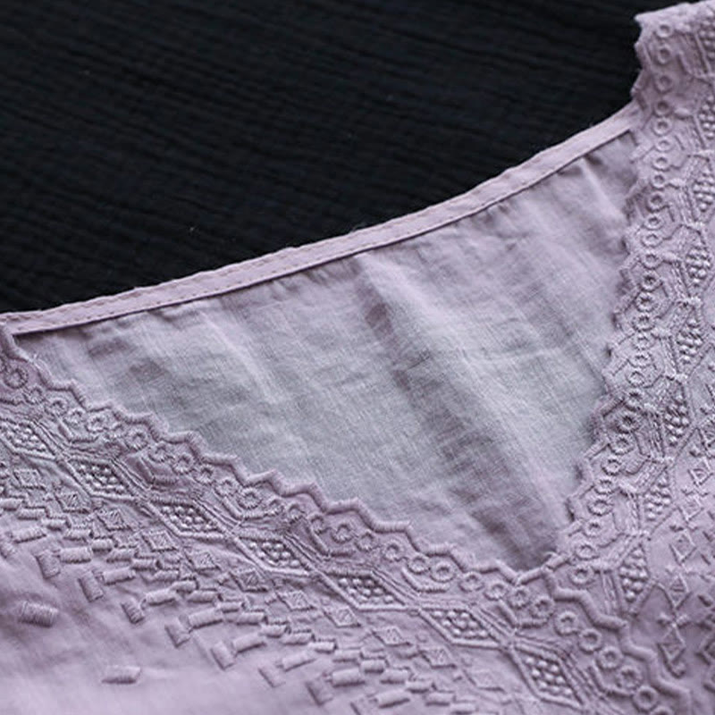 Buddha Stones夏 カジュアル 刺繍柄 レディース Vネックデザイン 半袖 コットンリネン Tシャツ - image 2