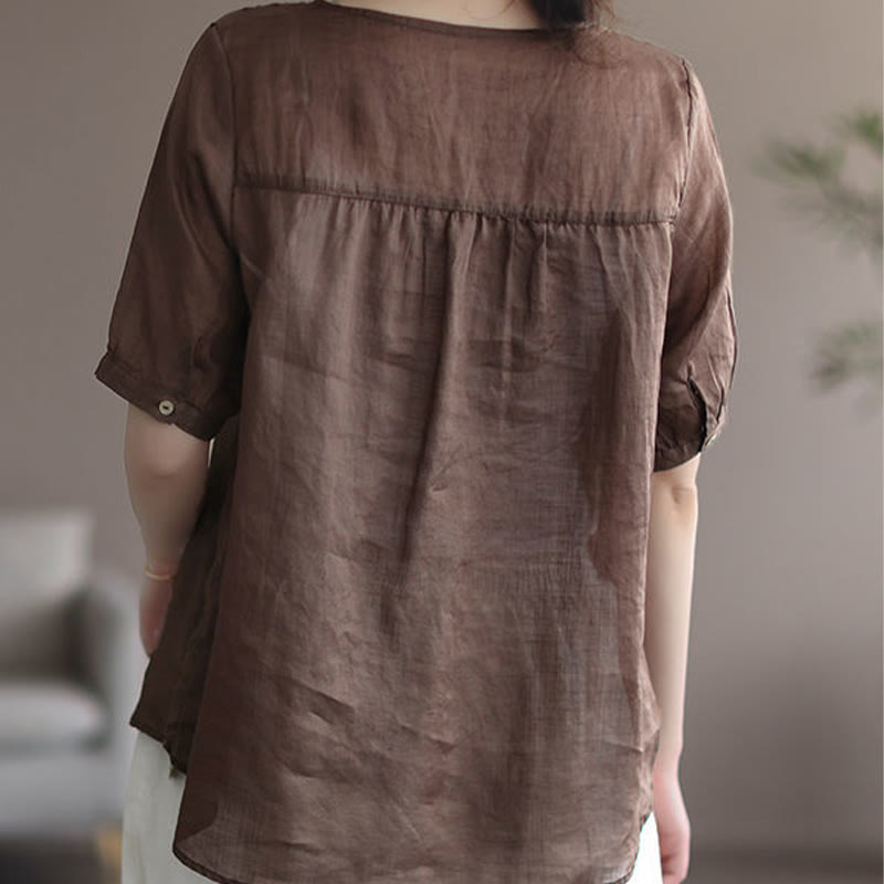 Buddha Stones夏 カジュアル 刺繍柄 レディース Vネックデザイン 半袖 コットンリネン Tシャツ - image 9