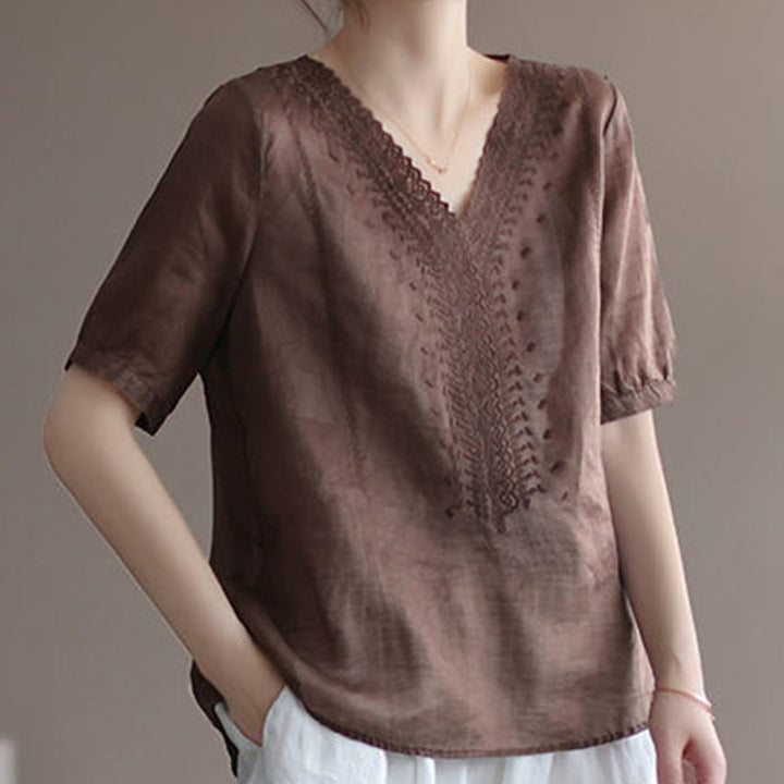 Buddha Stones夏 カジュアル 刺繍柄 レディース Vネックデザイン 半袖 コットンリネン Tシャツ - image 7