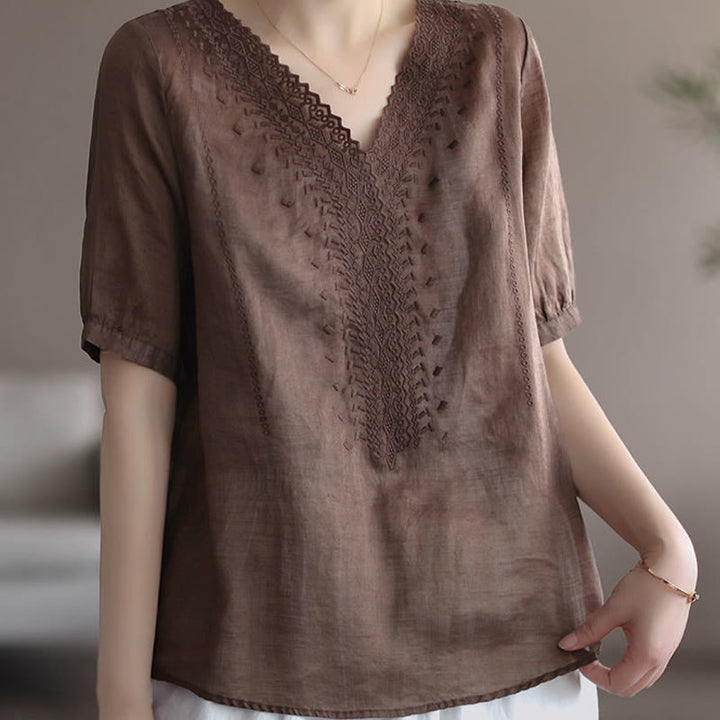 Buddha Stones夏 カジュアル 刺繍柄 レディース Vネックデザイン 半袖 コットンリネン Tシャツ - image 8