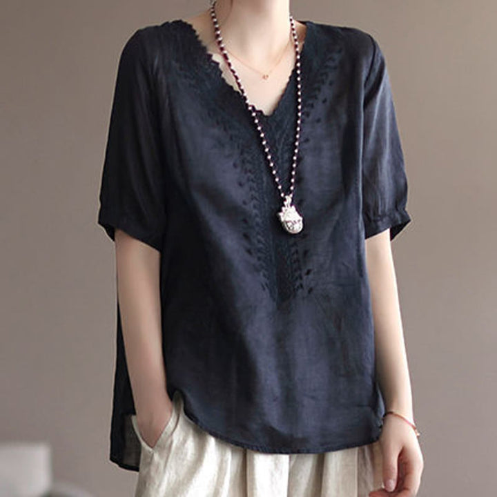 Buddha Stones夏 カジュアル 刺繍柄 レディース Vネックデザイン 半袖 コットンリネン Tシャツ - image 14