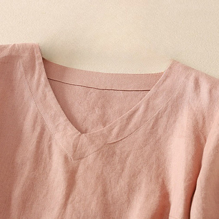 Buddha Stones夏 カジュアル 無地 レディース Vネック デザイン 半袖 コットン Tシャツ - image 6