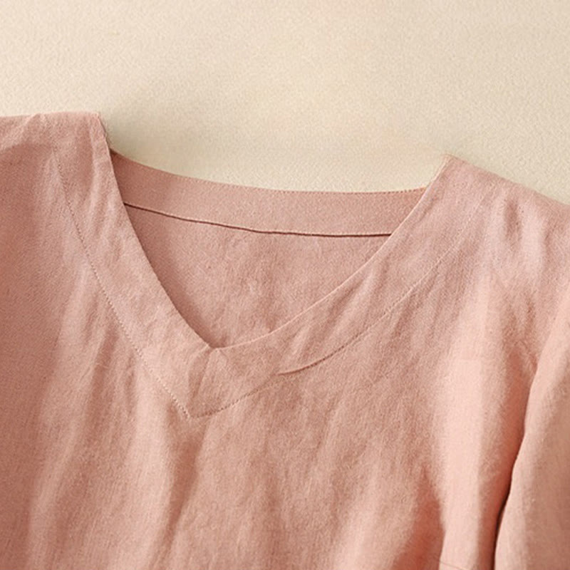 Buddha Stones夏用 カジュアル 無地 ポリエステル レディース Vネック ハーフスリーブ Tシャツ - image 6