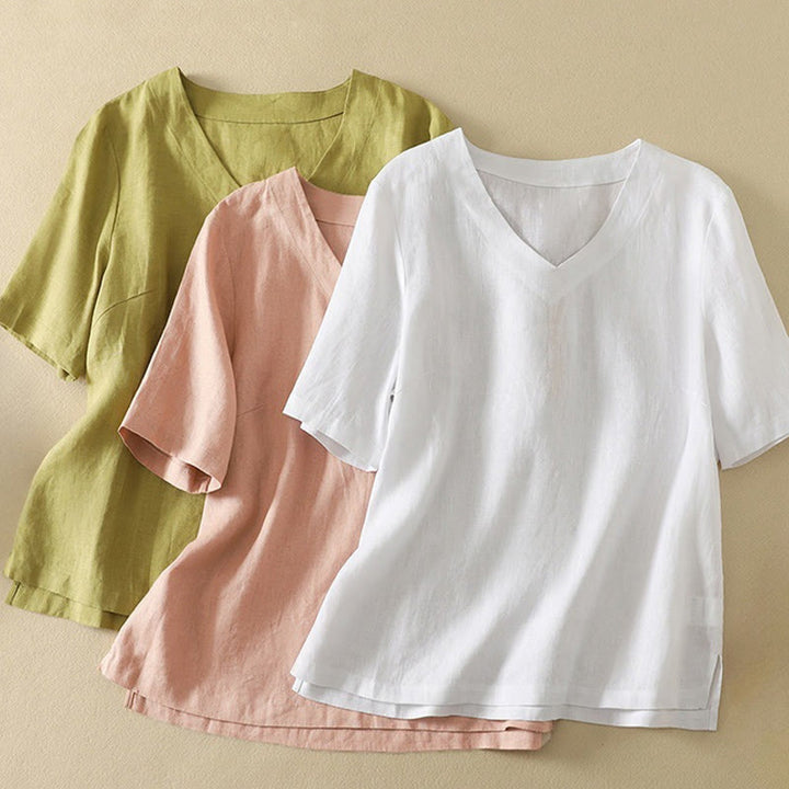 Buddha Stones夏 カジュアル 無地 レディース Vネック デザイン 半袖 コットン Tシャツ - image 20