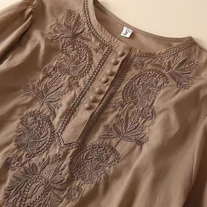 Buddha Stonesカジュアル レディース 刺繍花柄クルーネックデザイン 半袖コットンリネンシャツ - image 2