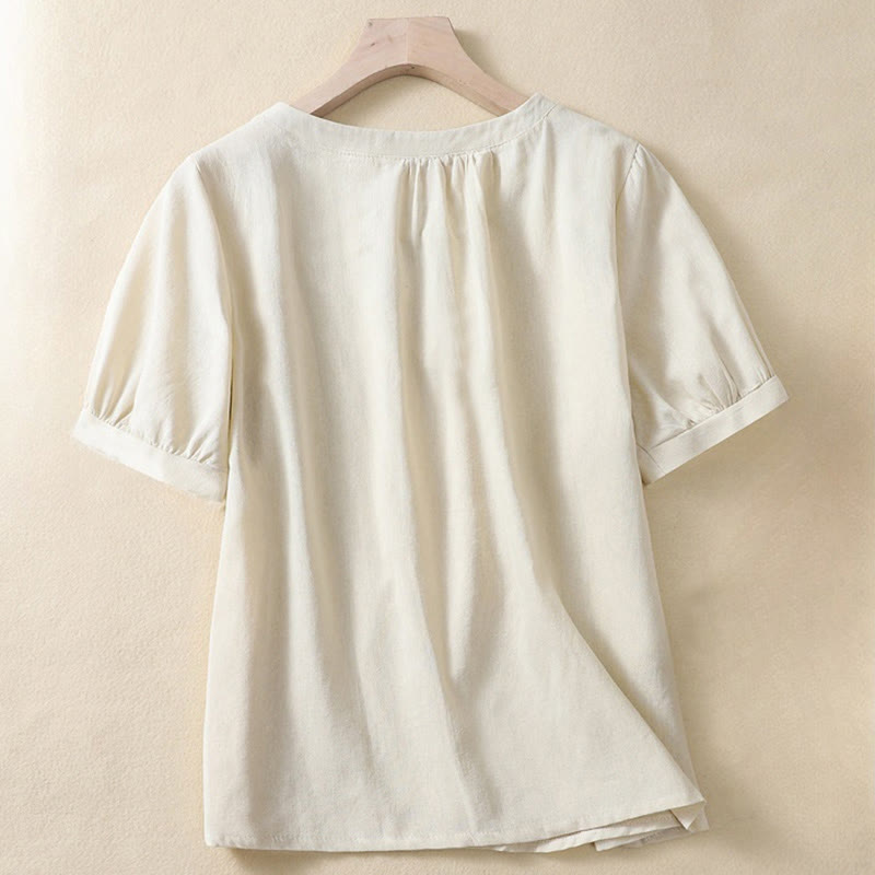 Buddha Stonesカジュアル レディース 無地 クルーネック ボタンデザイン 半袖 コットンリネン シャツ - image 1