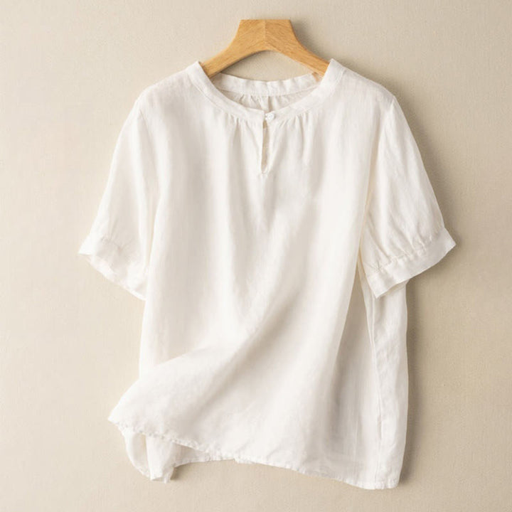 Buddha Stonesカジュアル レディース 無地 クルーネック ボタンデザイン 半袖 コットンリネン シャツ - 雪 - US8-10，UK/AU12-14，EU40-42 (2XL) - image 2