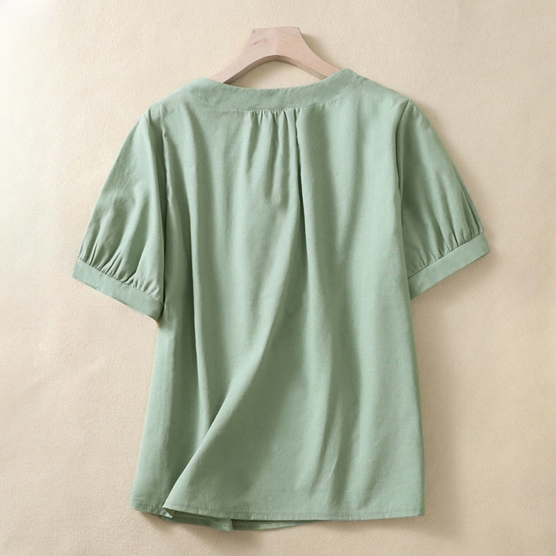 Buddha Stonesカジュアル レディース 無地 クルーネック ボタンデザイン 半袖 コットンリネン シャツ - ダークシーグリーン - US8-10，UK/AU12-14，EU40-42 (2XL) - image 4