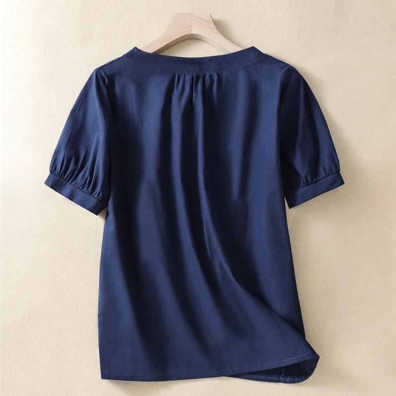 Buddha Stonesカジュアル レディース 無地 クルーネック ボタンデザイン 半袖 コットンリネン シャツ - image 7