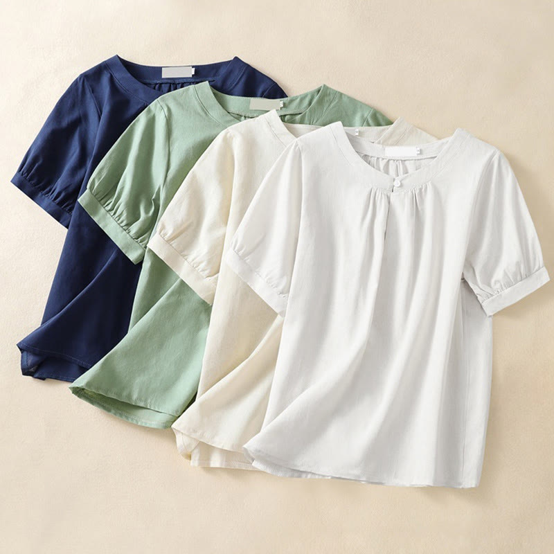 Buddha Stonesカジュアル レディース 無地 クルーネック ボタンデザイン 半袖 コットンリネン シャツ - image 10