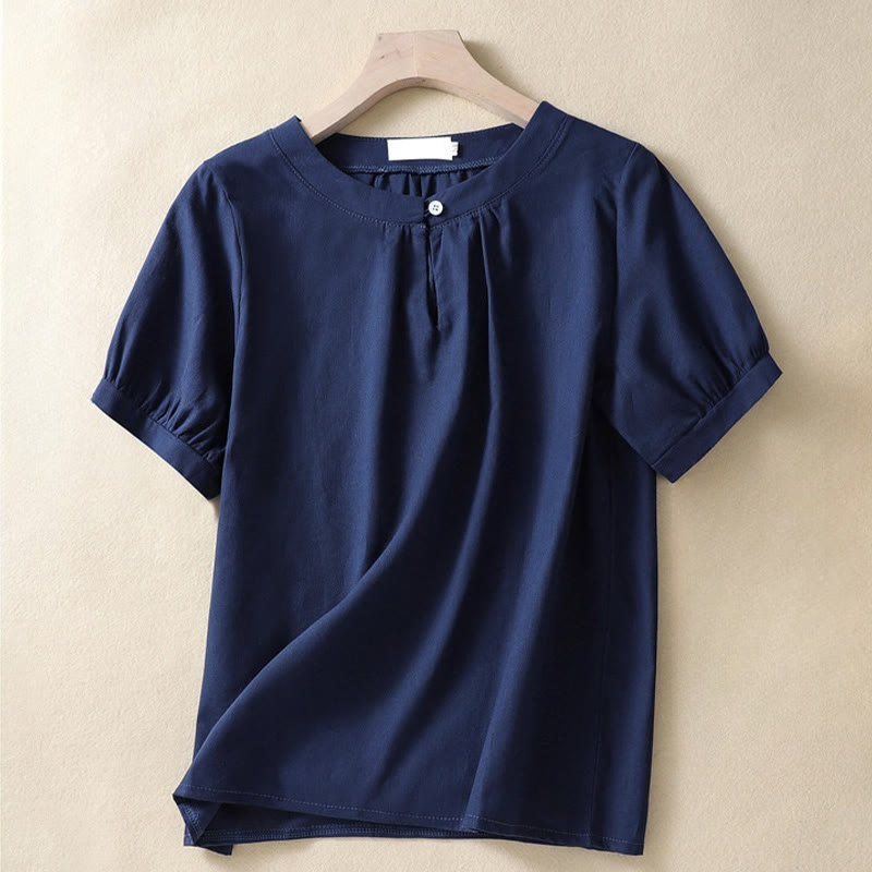 Buddha Stonesカジュアル レディース 無地 クルーネック ボタンデザイン 半袖 コットンリネン シャツ - 海軍 - US8-10，UK/AU12-14，EU40-42 (2XL) - image 6
