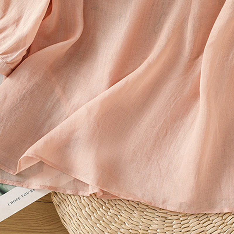 Buddha Stonesカジュアル レディース 花 緑の葉 刺繍柄 Vネックデザイン 半袖 コットンリネンシャツ - image 6