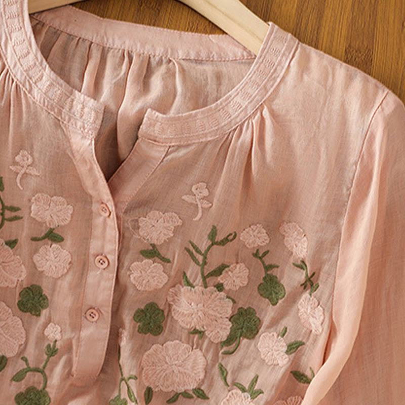 Buddha Stonesカジュアル レディース 花 緑の葉 刺繍柄 Vネックデザイン 半袖 コットンリネンシャツ - image 2