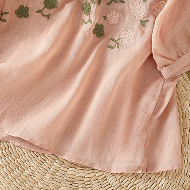 Buddha Stonesカジュアル レディース 花 緑の葉 刺繍柄 Vネックデザイン 半袖 コットンリネンシャツ - image 3