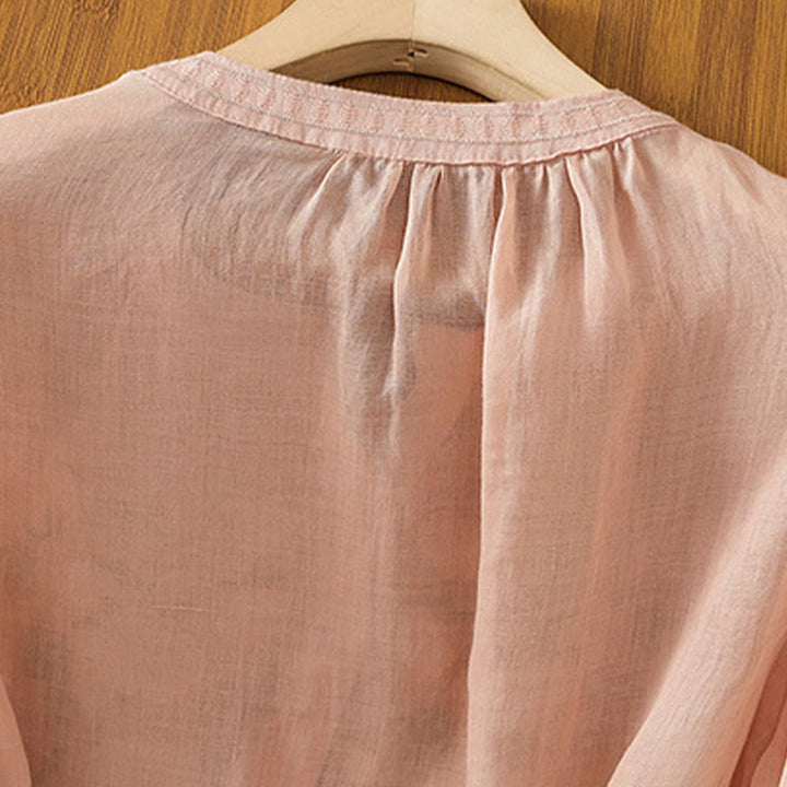 Buddha Stonesカジュアル レディース 花 緑の葉 刺繍柄 Vネックデザイン 半袖 コットンリネンシャツ - image 5