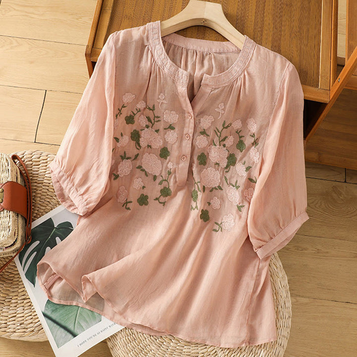 Buddha Stonesカジュアル レディース 花 緑の葉 刺繍柄 Vネックデザイン 半袖 コットンリネンシャツ - image 1