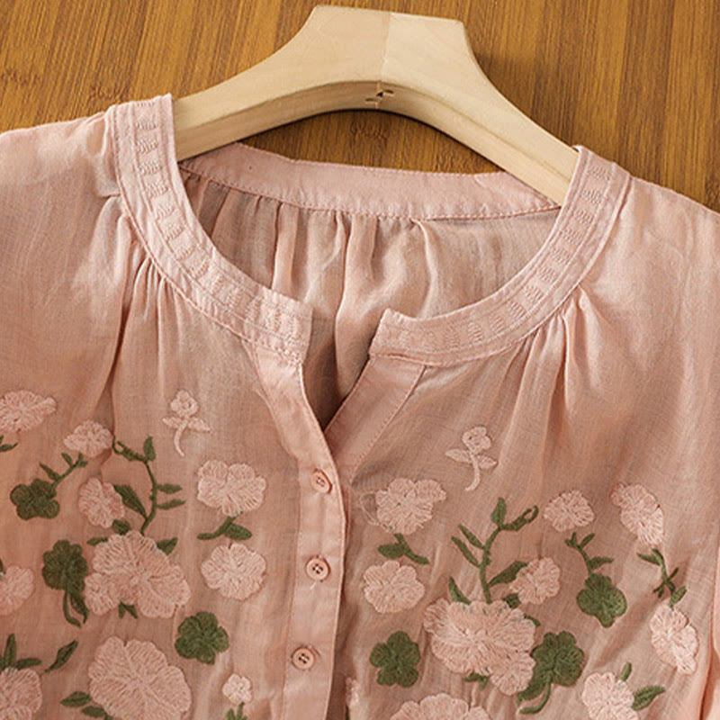 Buddha Stonesカジュアル レディース 花 緑の葉 刺繍柄 Vネックデザイン 半袖 コットンリネンシャツ - image 7