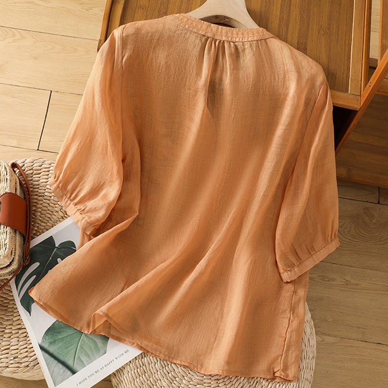 Buddha Stonesカジュアル レディース 花 緑の葉 刺繍柄 Vネックデザイン 半袖 コットンリネンシャツ - image 20