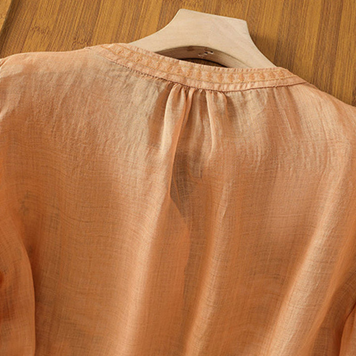 Buddha Stonesカジュアル レディース 花 緑の葉 刺繍柄 Vネックデザイン 半袖 コットンリネンシャツ - image 21