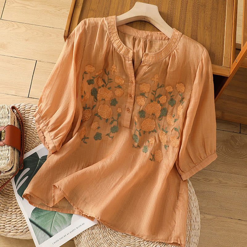 Buddha Stonesカジュアル レディース 花 緑の葉 刺繍柄 Vネックデザイン 半袖 コットンリネンシャツ - サンディブラウン - US8-10，UK/AU12-14，EU40-42 (2XL) - image 16