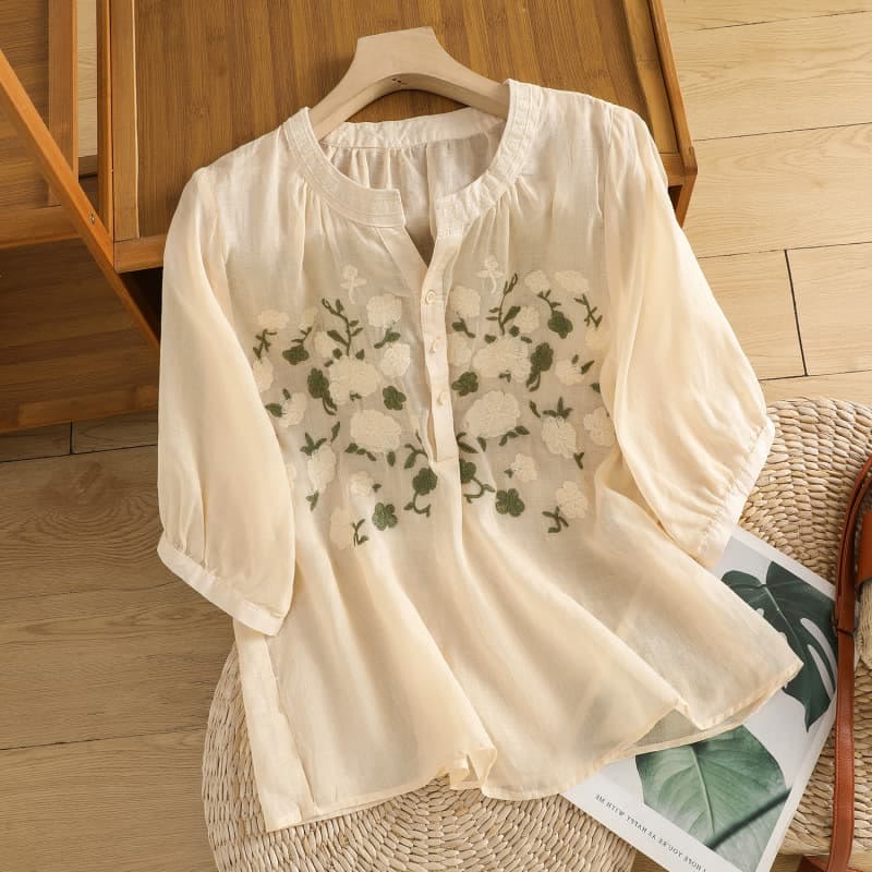 Buddha Stonesカジュアル レディース 花 緑の葉 刺繍柄 Vネックデザイン 半袖 コットンリネンシャツ - パパイヤホイップ - US8-10，UK/AU12-14，EU40-42 (2XL) - image 9