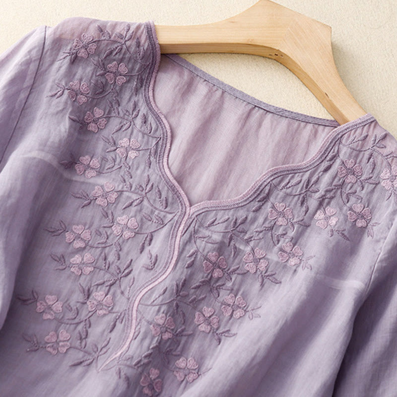 Buddha Stones夏 カジュアル 刺繍 花 レディース Vネック デザイン 半袖 アクリル Tシャツ - image 1