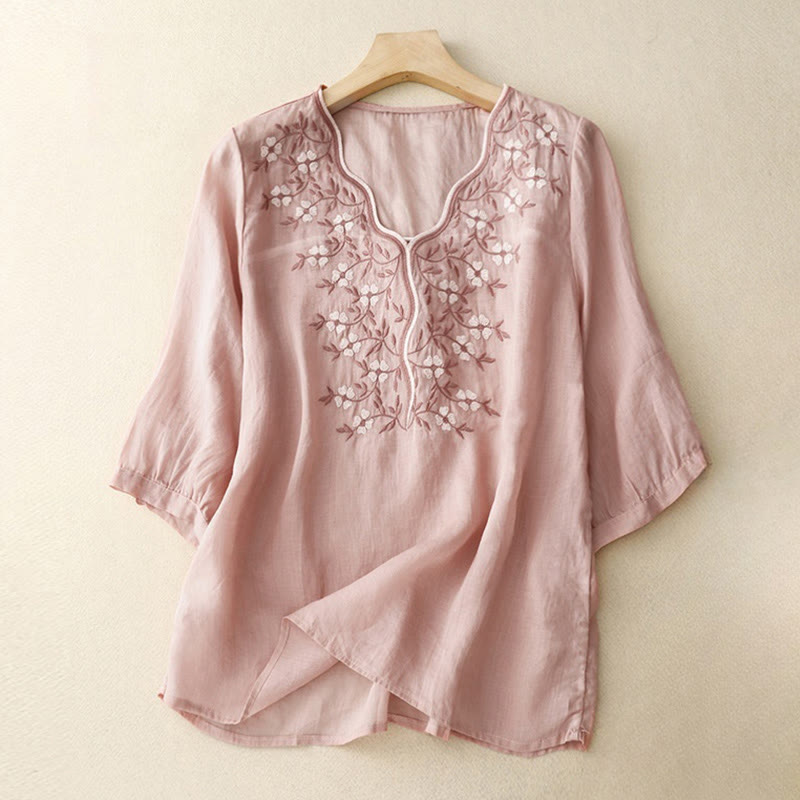 Buddha Stones夏 カジュアル 刺繍 花 レディース Vネック デザイン 半袖 アクリル Tシャツ - ピンク - US8-10，UK/AU12-14，EU40-42 (2XL) - image 6