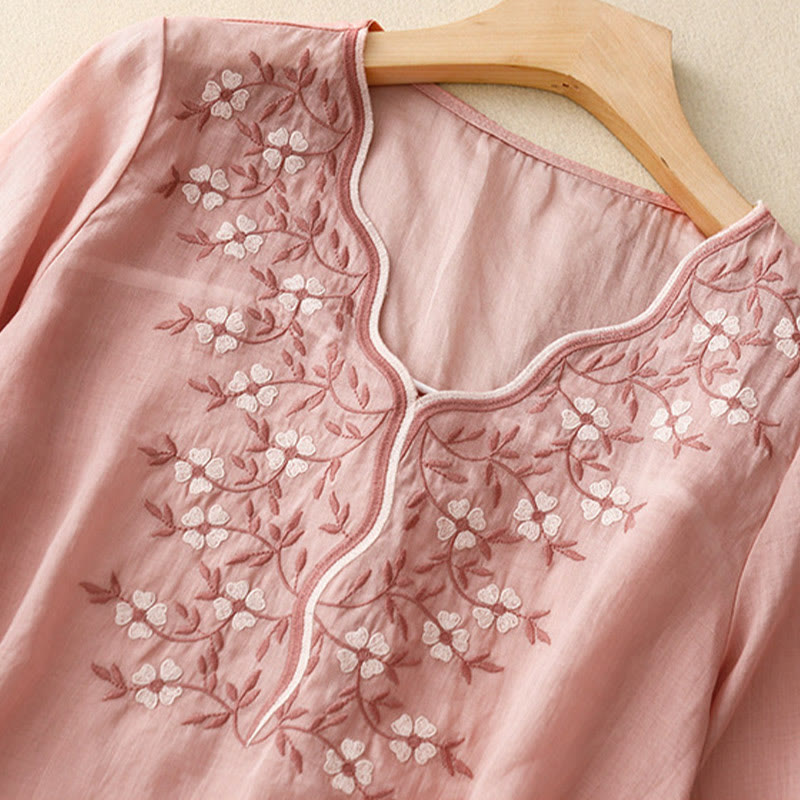 Buddha Stones夏 カジュアル 刺繍 花 レディース Vネック デザイン 半袖 アクリル Tシャツ - image 7