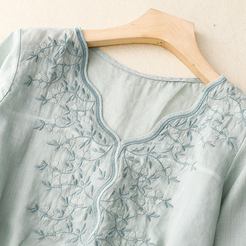 Buddha Stones夏 カジュアル 刺繍 花 レディース Vネック デザイン 半袖 アクリル Tシャツ - image 13