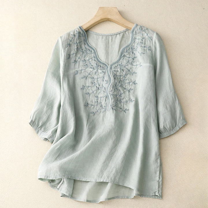 Buddha Stones夏 カジュアル 刺繍 花 レディース Vネック デザイン 半袖 アクリル Tシャツ - パウダーブルー - US8-10，UK/AU12-14，EU40-42 (2XL) - image 12