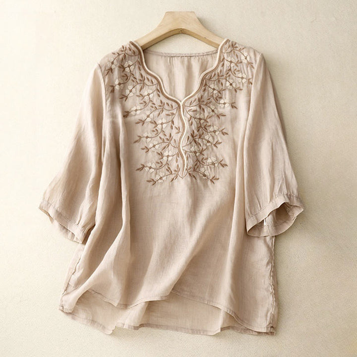 Buddha Stones夏 カジュアル 刺繍 花 レディース Vネック デザイン 半袖 アクリル Tシャツ - ビスク - US8-10，UK/AU12-14，EU40-42 (2XL) - image 18
