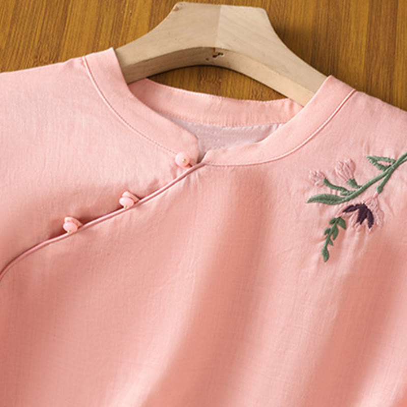 Buddha Stonesカジュアル レディース 花 葉 刺繍柄 カエルボタン クルーネックデザイン 半袖 コットンリネン シャツ - image 9