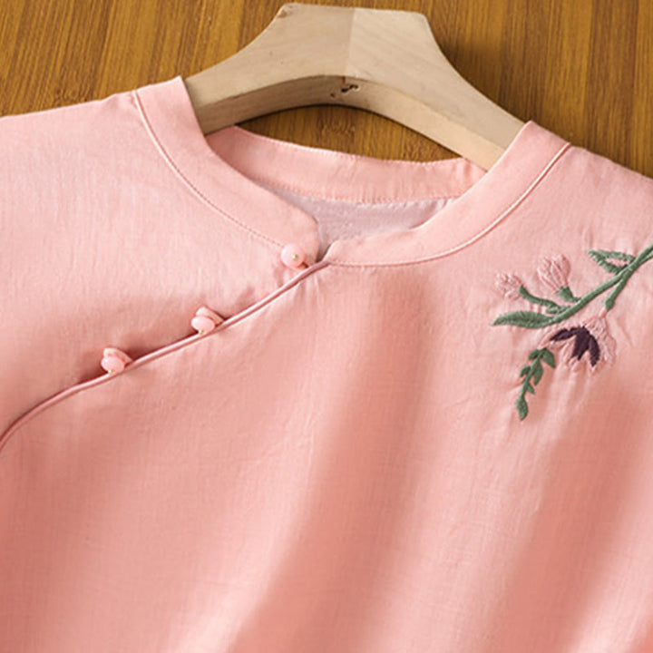 Buddha Stonesカジュアル レディース 花 葉 刺繍柄 カエルボタン クルーネックデザイン 半袖 コットンリネン シャツ - image 9