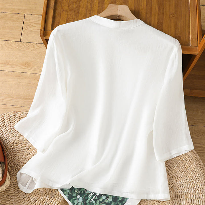 Buddha Stonesカジュアル レディース 花 葉 刺繍柄 カエルボタン クルーネックデザイン 半袖 コットンリネン シャツ - image 14