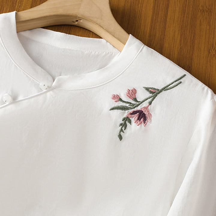 Buddha Stonesカジュアル レディース 花 葉 刺繍柄 カエルボタン クルーネックデザイン 半袖 コットンリネン シャツ - image 17