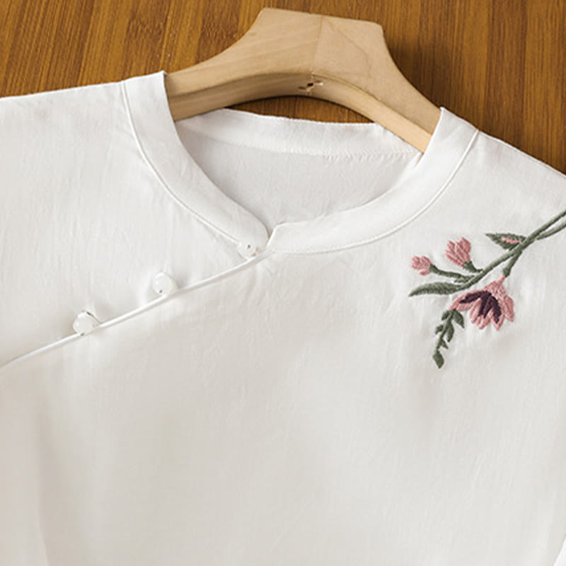 Buddha Stonesカジュアル レディース 花 葉 刺繍柄 カエルボタン クルーネックデザイン 半袖 コットンリネン シャツ - image 15