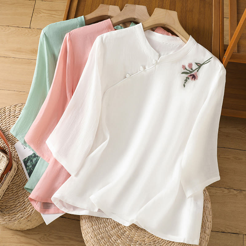 Buddha Stonesカジュアル レディース 花 葉 刺繍柄 カエルボタン クルーネックデザイン 半袖 コットンリネン シャツ - image 19