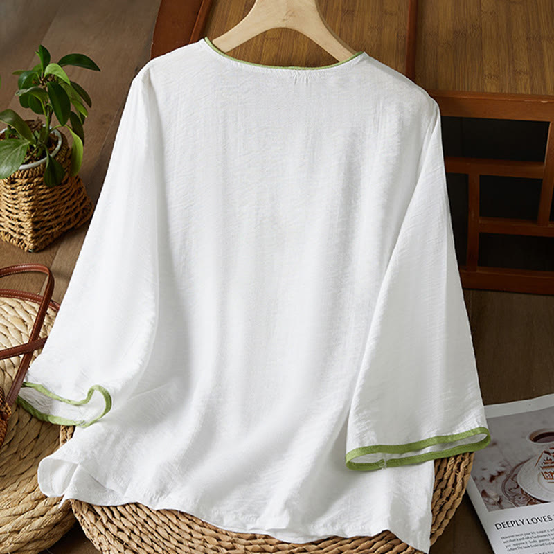 Buddha Stonesカジュアル レディース 花柄 刺繍柄 カエルボタン 斜め襟デザイン 七分袖 コットンリネン シャツ - image 1